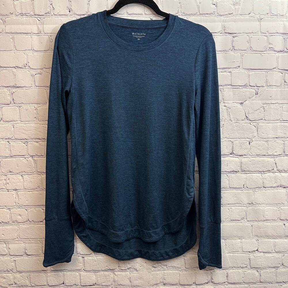 Athleta Uptempo Long Sleeve Shirt Deep Teal Melange Crew Neck Curved Hem XS
